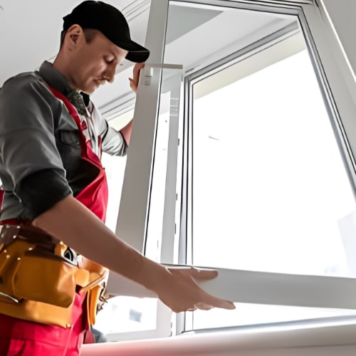 man installing window